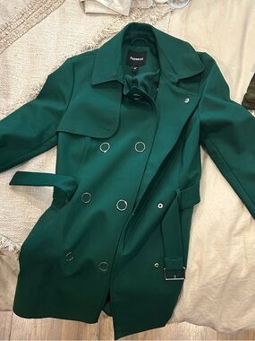 Express Emerald Green Double-Breasted Trench Coat with Belt